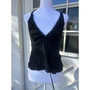 Beverly and Beck Black Halter Top Lace Trim Ruffle Smocked Medium Y2K Festival